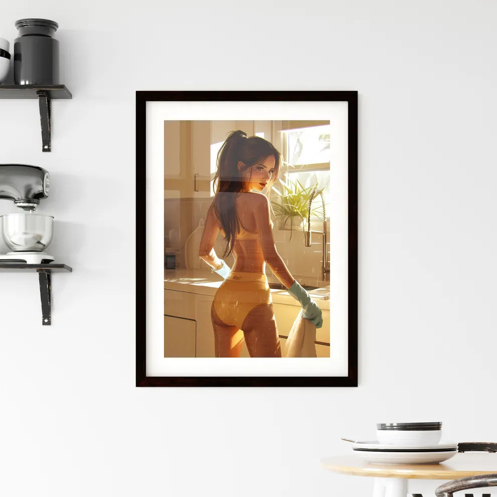 A housewife in a beautiful outfit is cleanin Framed Print