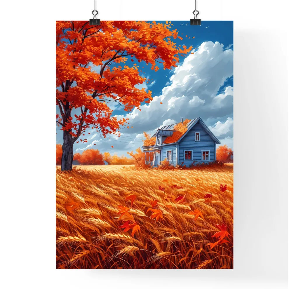Autumn scenery, yellow wheat fields - Art print of a house in a field of wheat Poster