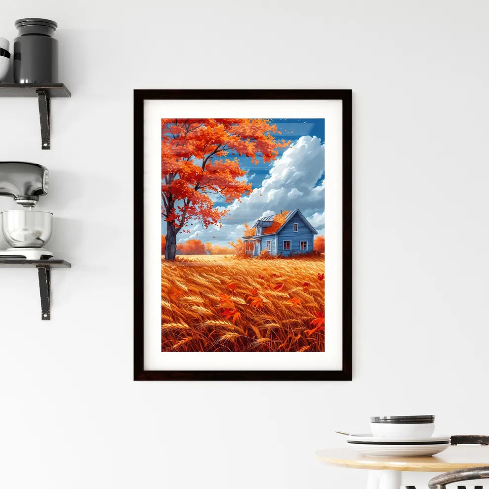 Autumn scenery, yellow wheat fields - Art print of a house in a field of wheat Custom Print