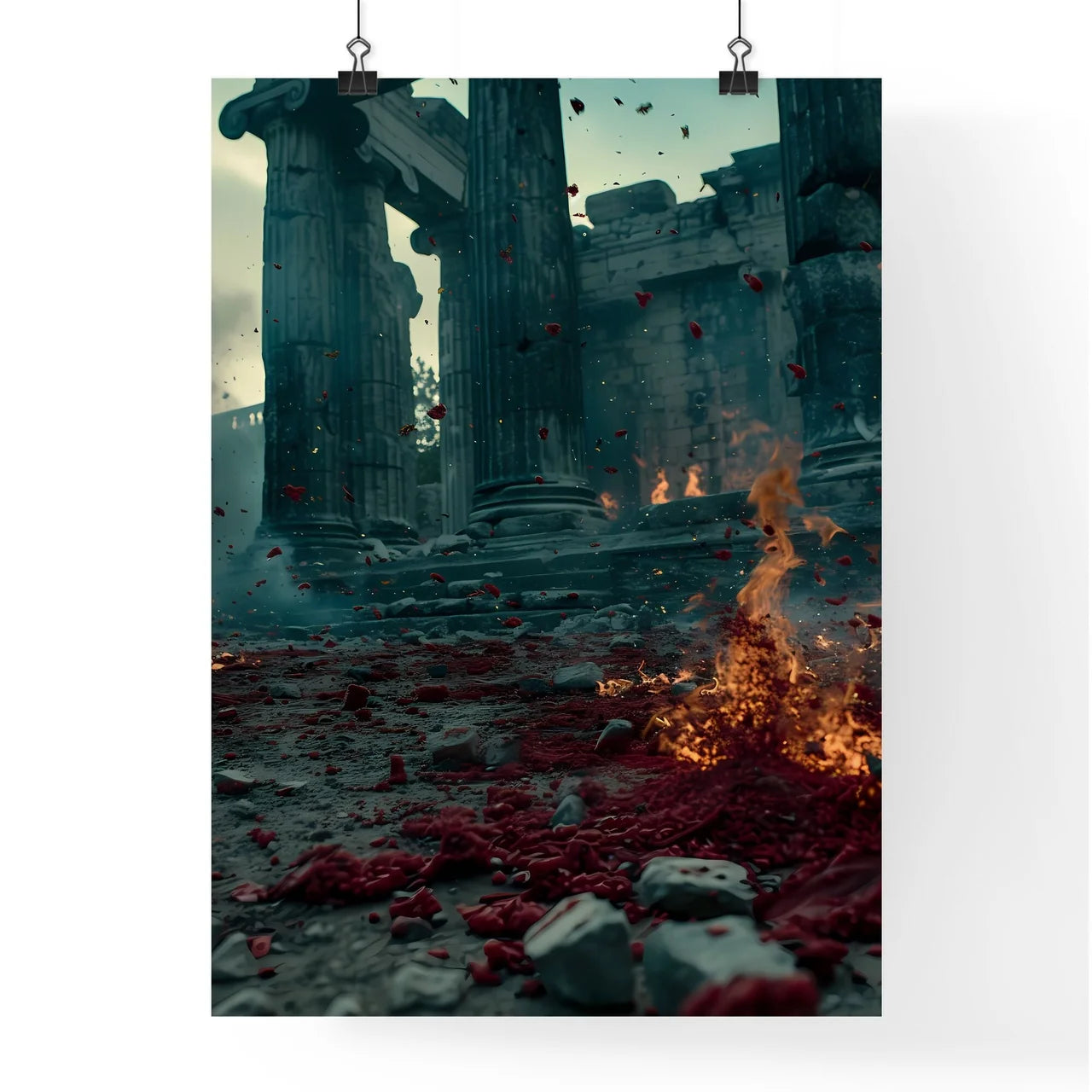 Heroes of the Christian faith, martyrs who gave their lives - Art print of a fire in front of a building Poster