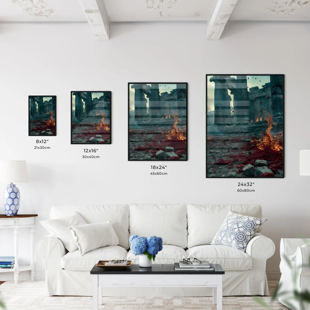 Heroes of the Christian faith, martyrs who gave their lives - Art print of a fire in front of a building Size Chart