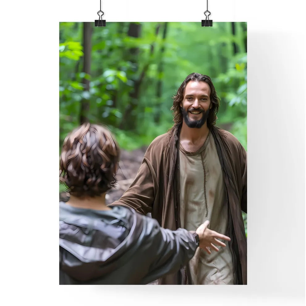 We see the back of young woman with dark wavy hair wearing a brown dress is running toward Jesus a man with dark long hair and a brown rugged robe - Art print of a man in a robe talking to a person in the woods Default Title