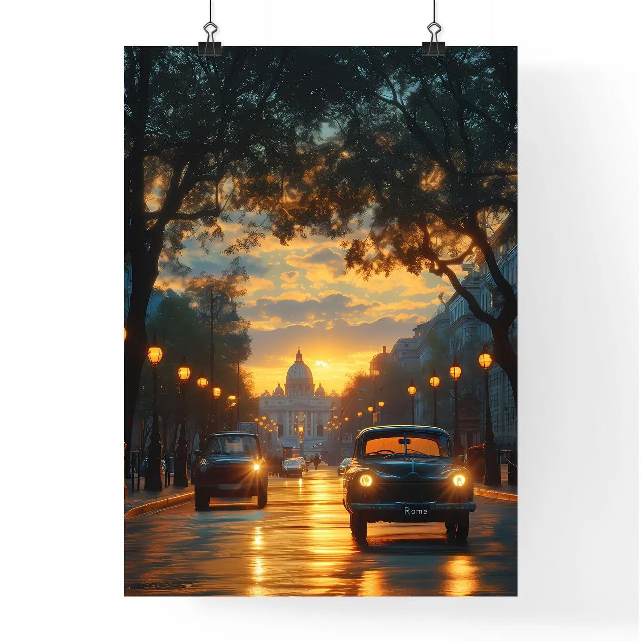 Poster of Rome - Art print of cars on a street with trees and lights Poster