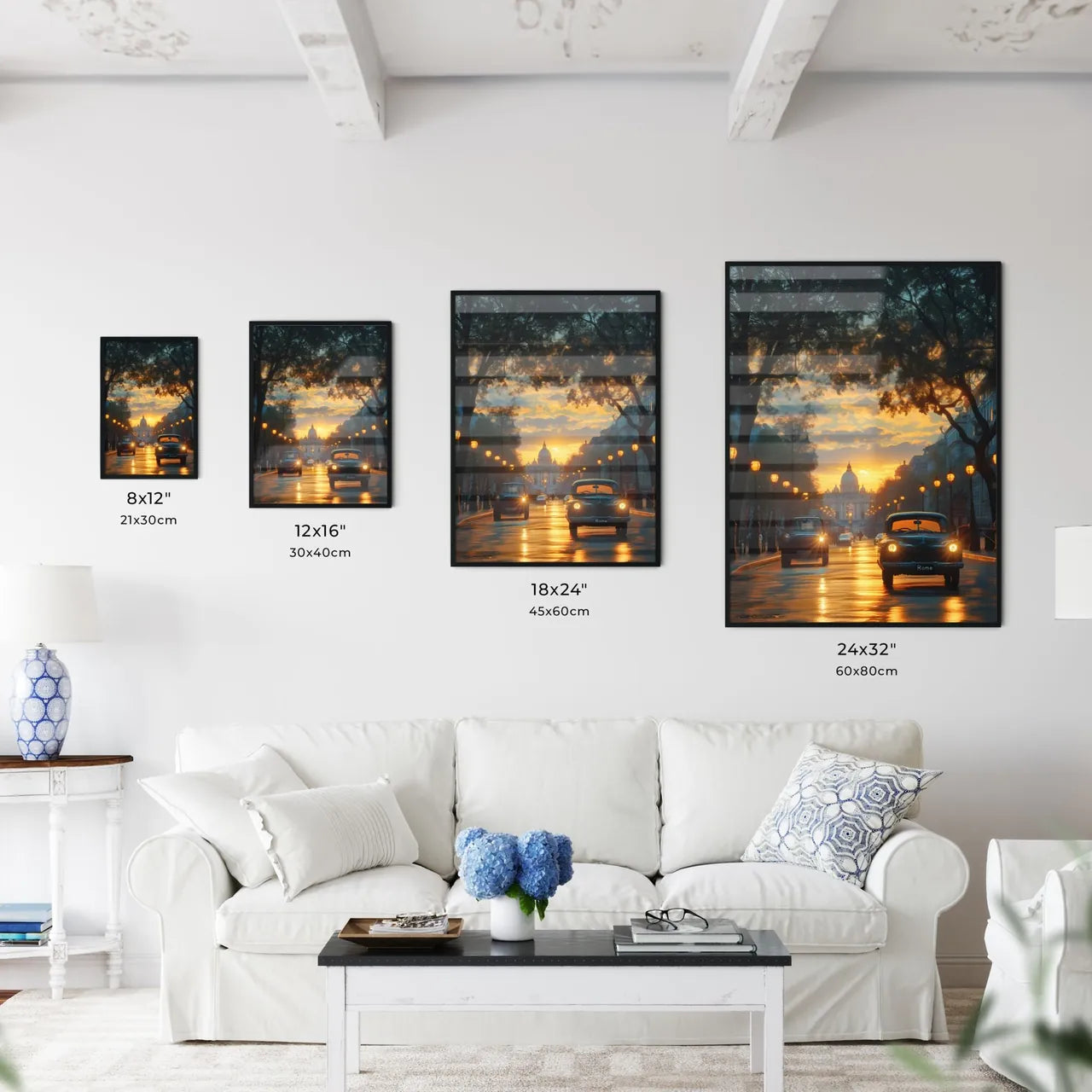 Poster of Rome - Art print of cars on a street with trees and lights Size Chart
