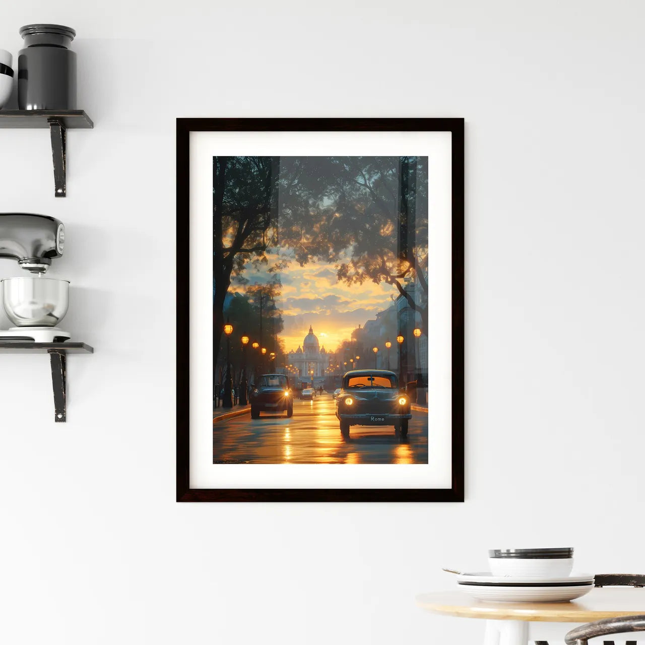 Poster of Rome - Art print of cars on a street with trees and lights Custom Print