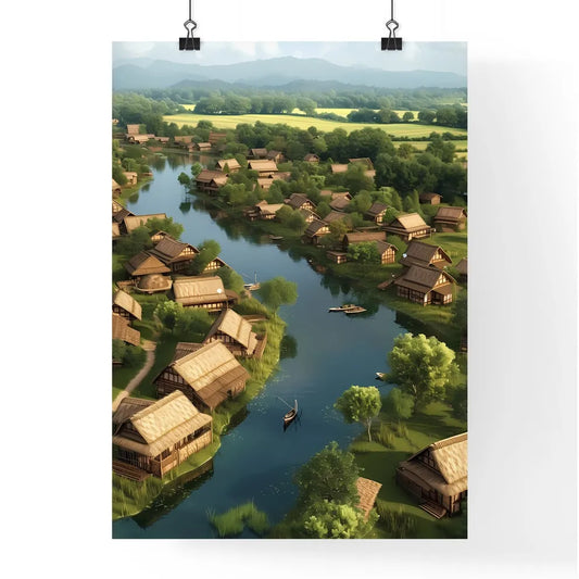 Lebanon country life in 2000 BC - Art print of a river with houses and trees Poster