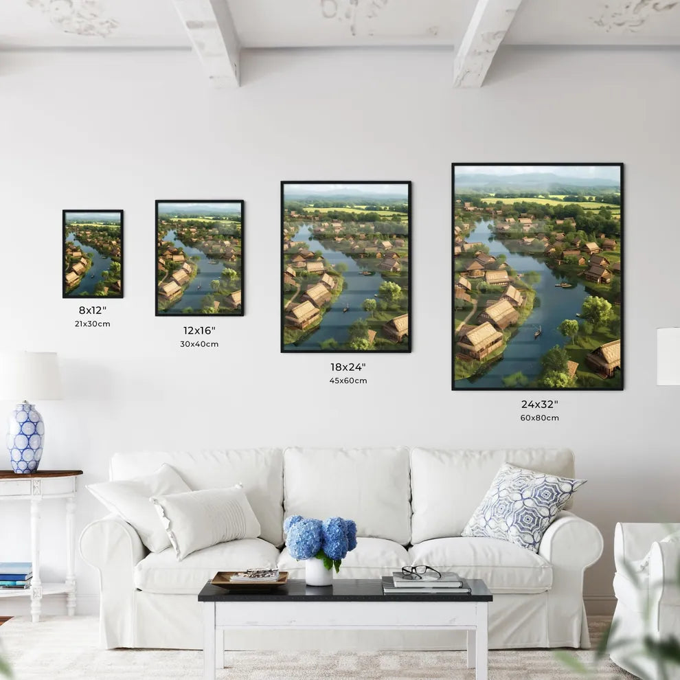 Lebanon country life in 2000 BC - Art print of a river with houses and trees Size Chart