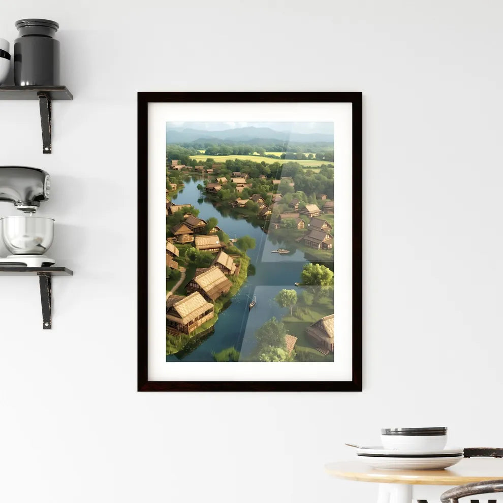 Lebanon country life in 2000 BC - Art print of a river with houses and trees Custom Print