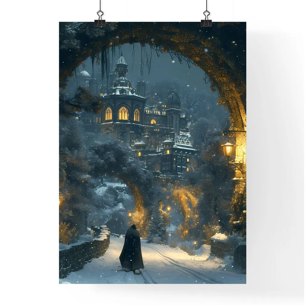 An epic winter forest - Art print of a person walking through a snowy path Poster