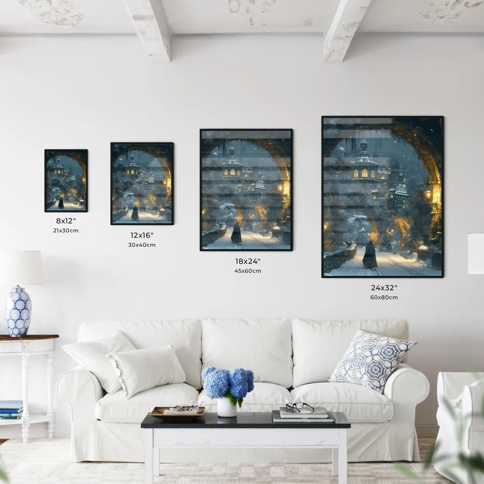 An epic winter forest - Art print of a person walking through a snowy path Size Chart