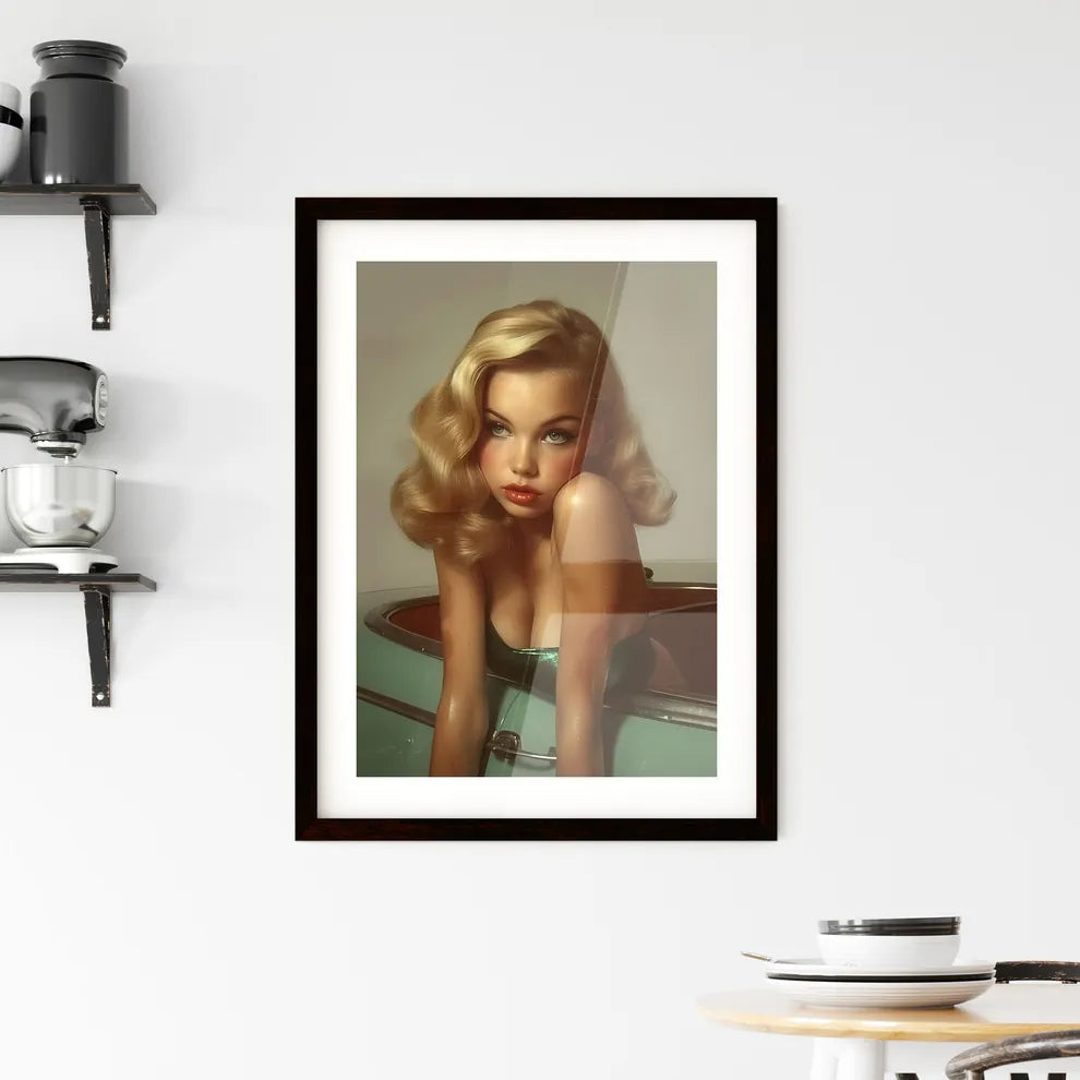 The vintage pin up girl leaning on a car - A Framed Print