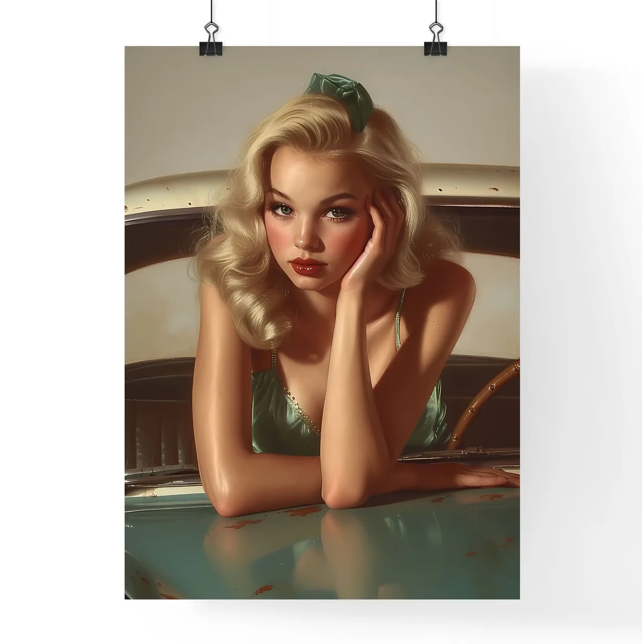 The vintage pin up girl leaning on a car - A Poster