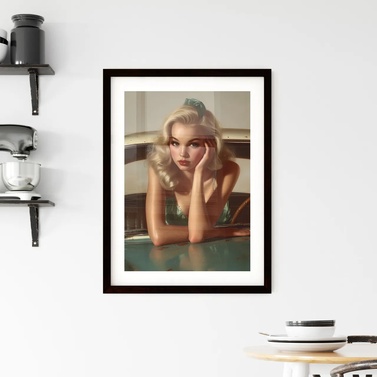The vintage pin up girl leaning on a car - A Framed Print