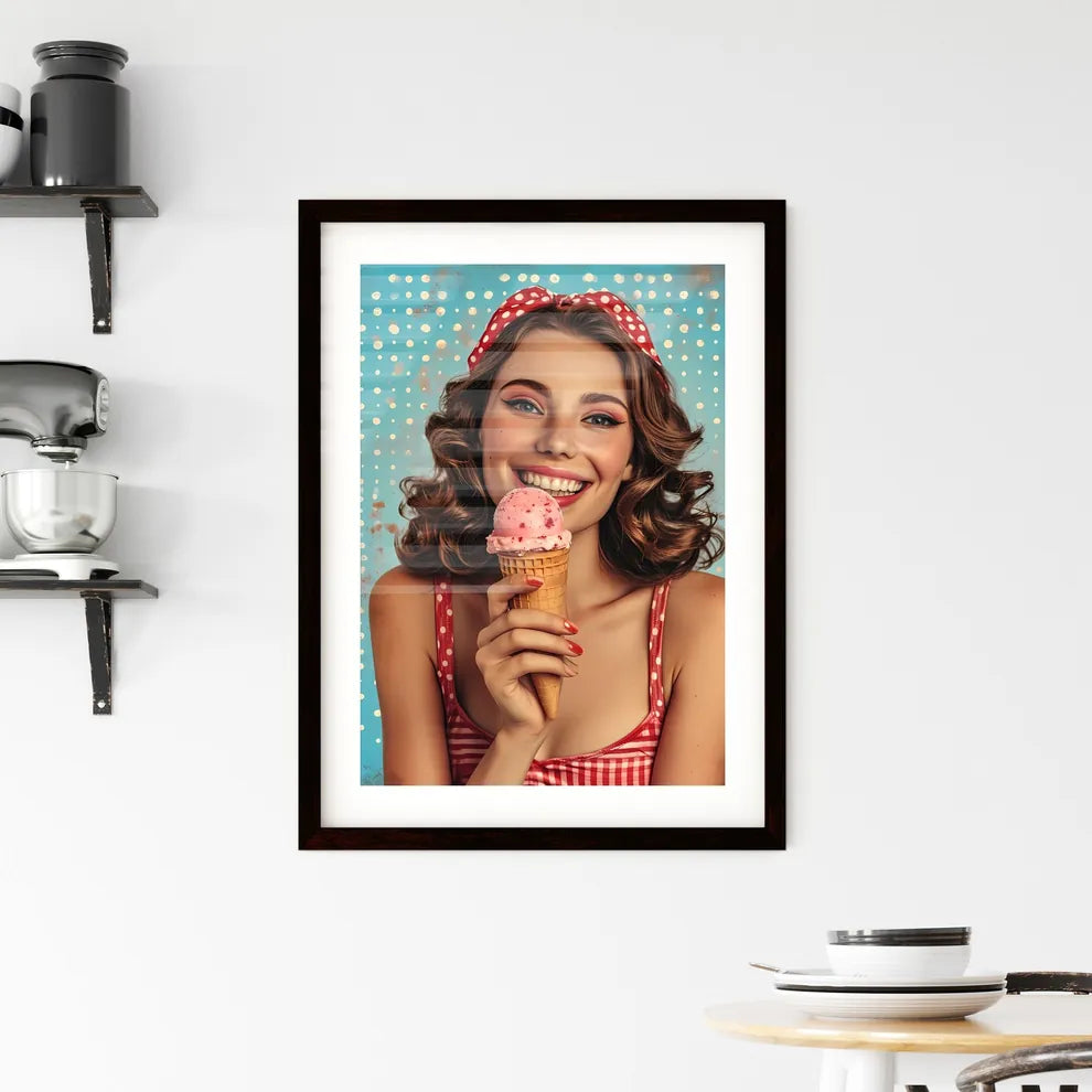 Retro poster - Art print of a woman hold Framed Print