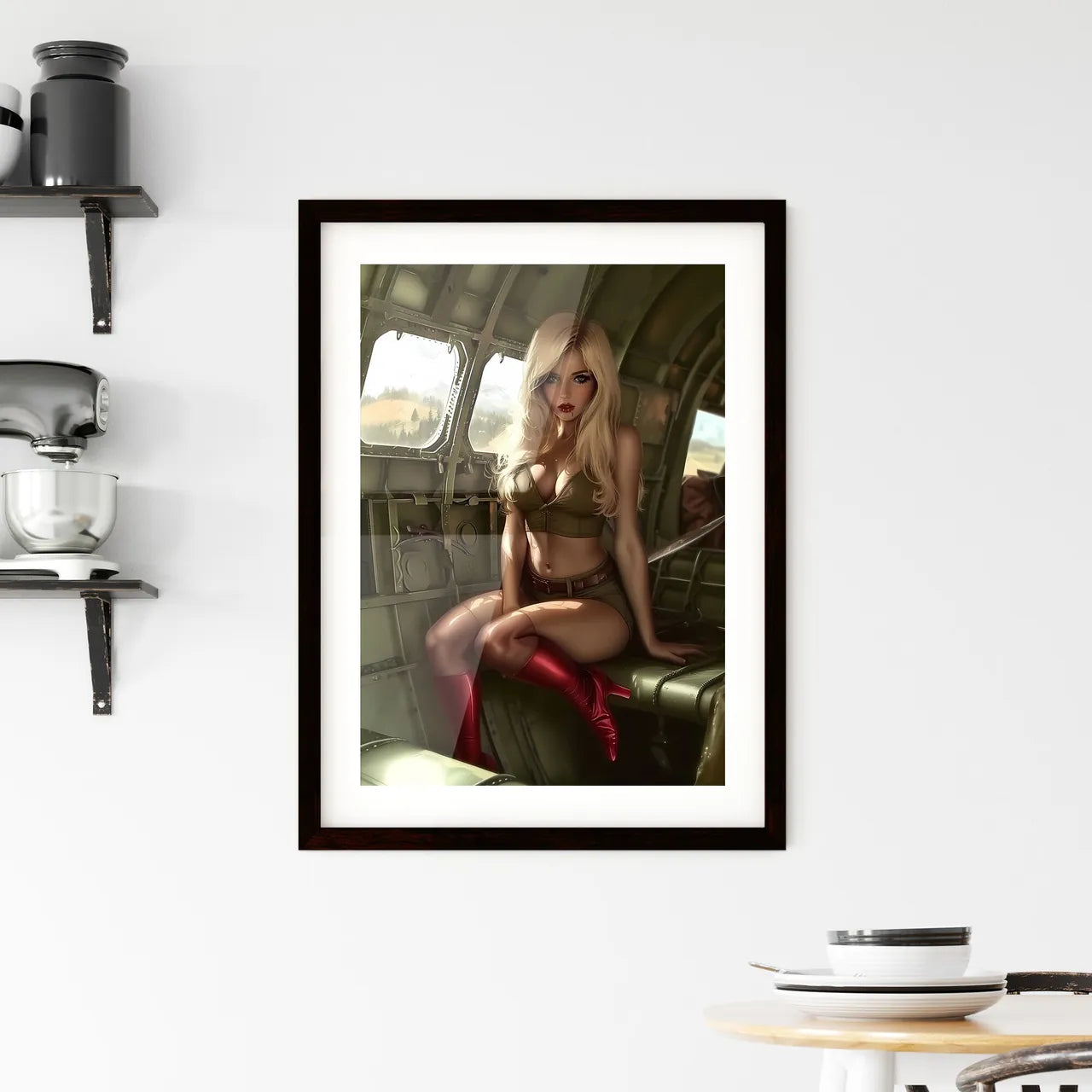 Blonde pin up girl in stockings with red hig Framed Print