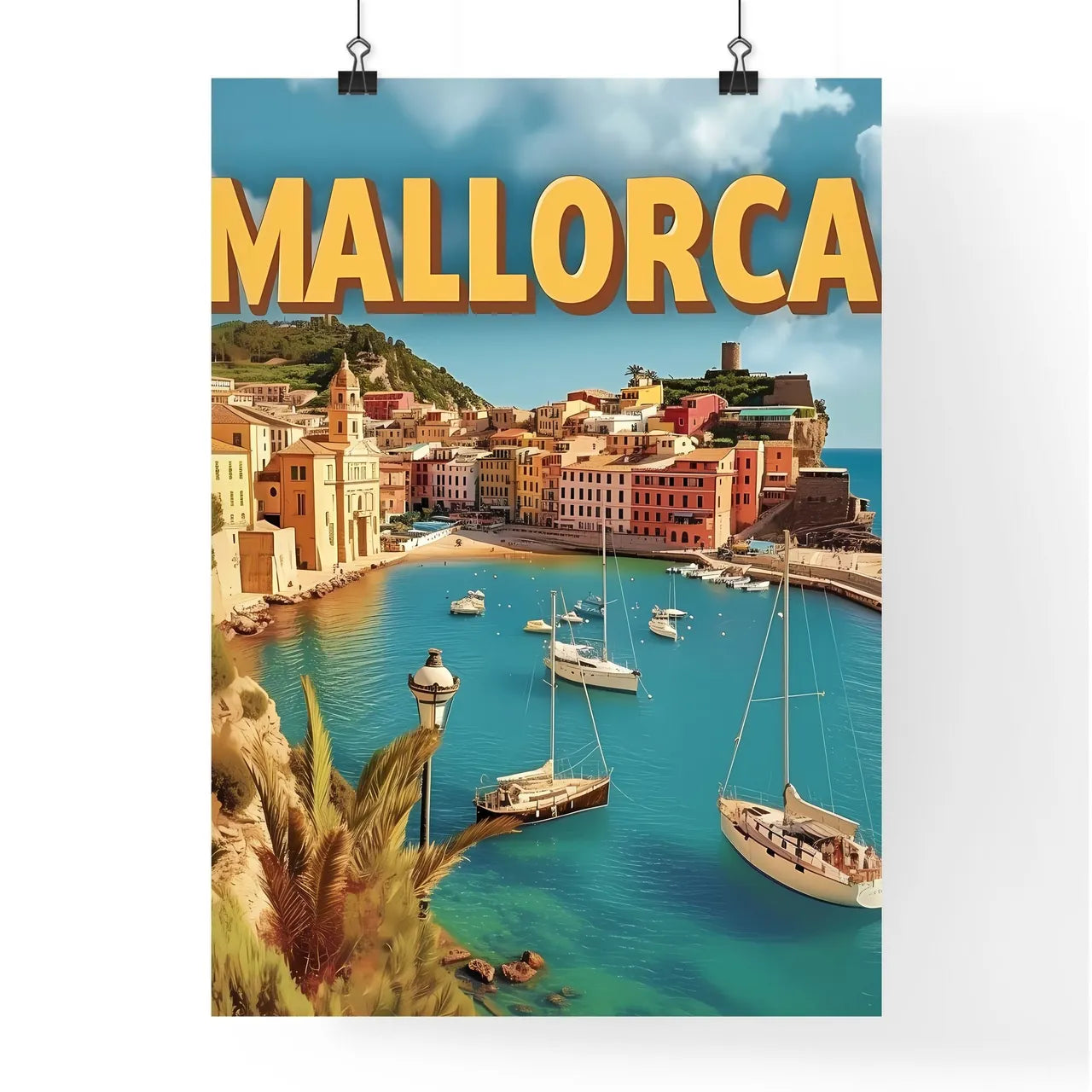 Mallorca spain poster with text MALLORCA in a beautiful matching font - Art print of a harbor with boats and buildings in the background Poster