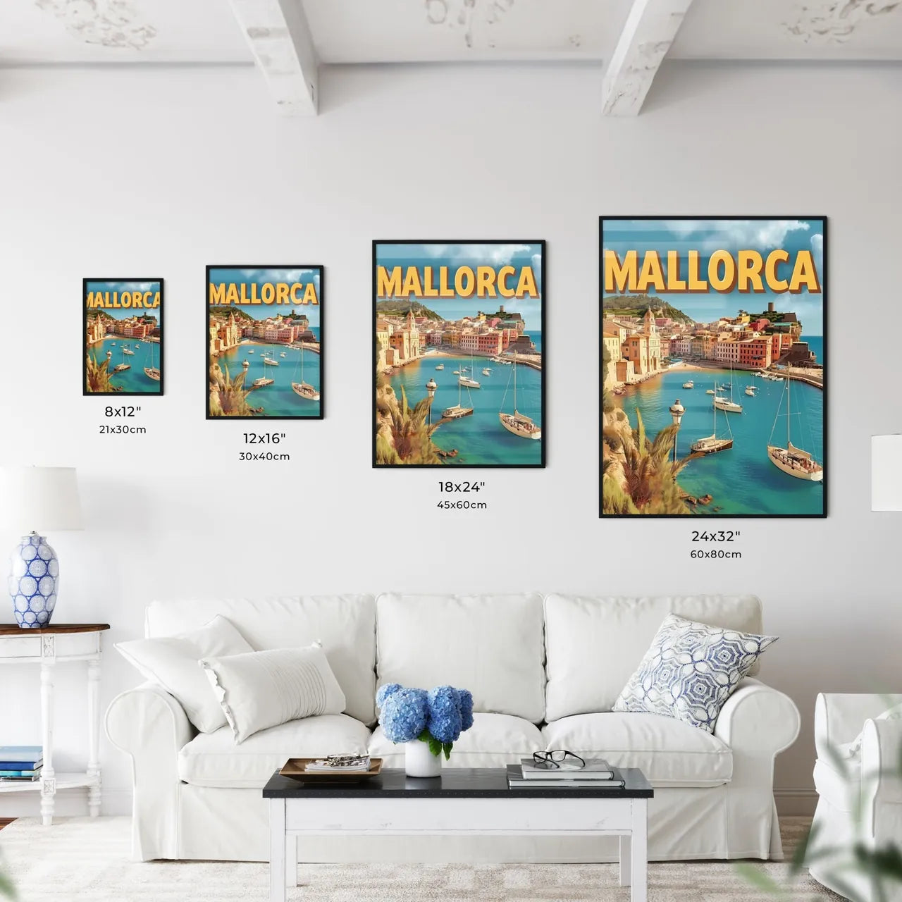 Mallorca spain poster with text MALLORCA in a beautiful matching font - Art print of a harbor with boats and buildings in the background Size Chart