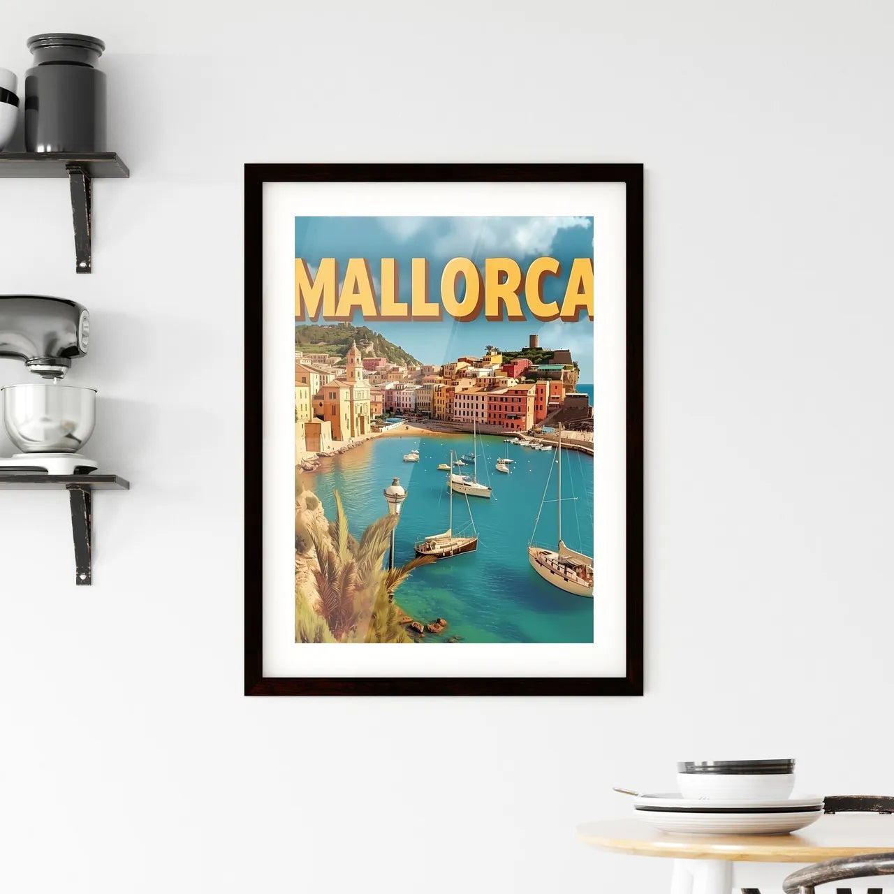 Mallorca spain poster with text MALLORCA in a beautiful matching font - Art print of a harbor with boats and buildings in the background Custom Print