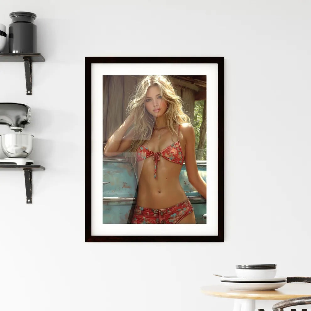 The vintage pin up girl leaning on a car - A Framed Print