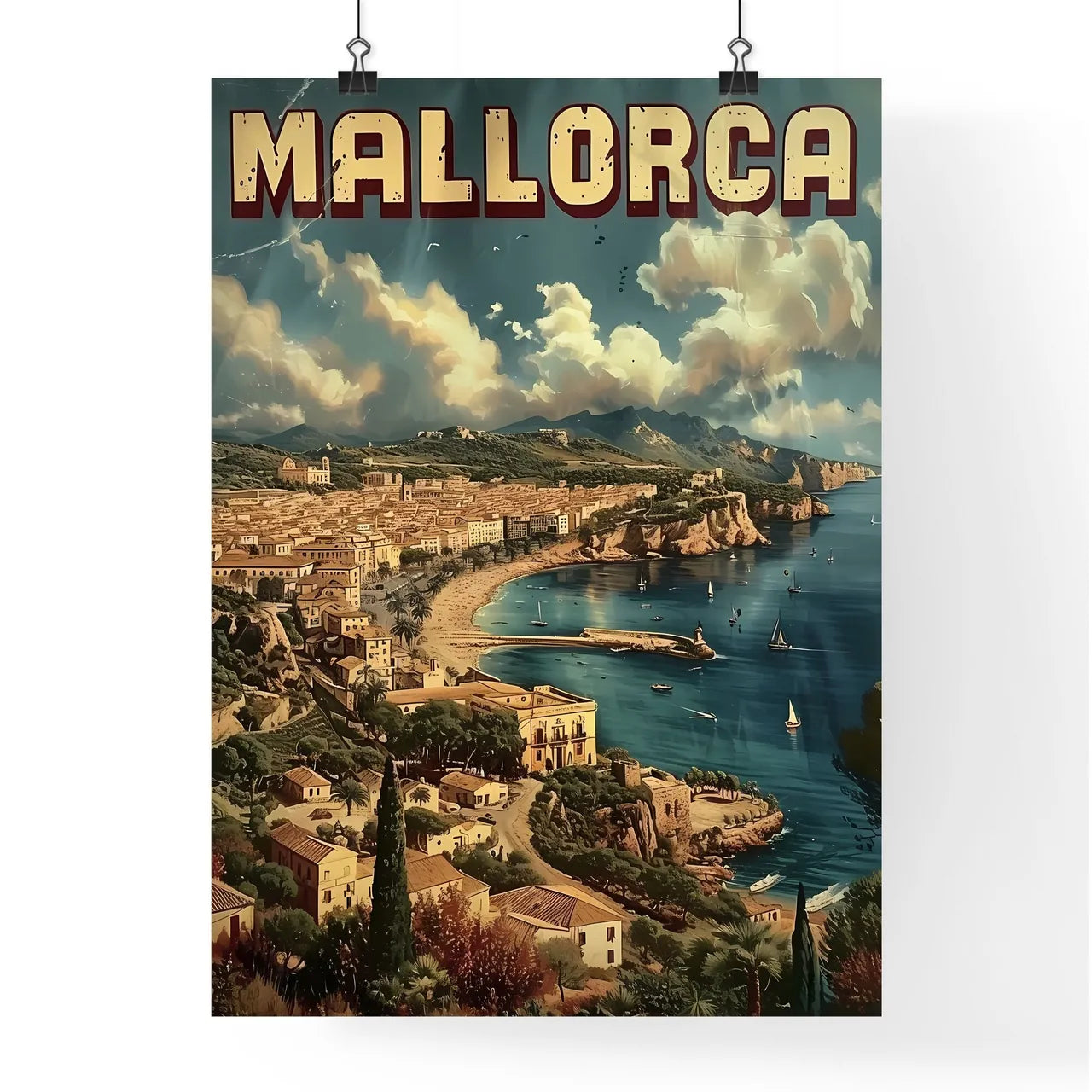 Mallorca spain poster with text MALLORCA in a beautiful matching font - Art print of a poster of a town on a rocky beach Poster