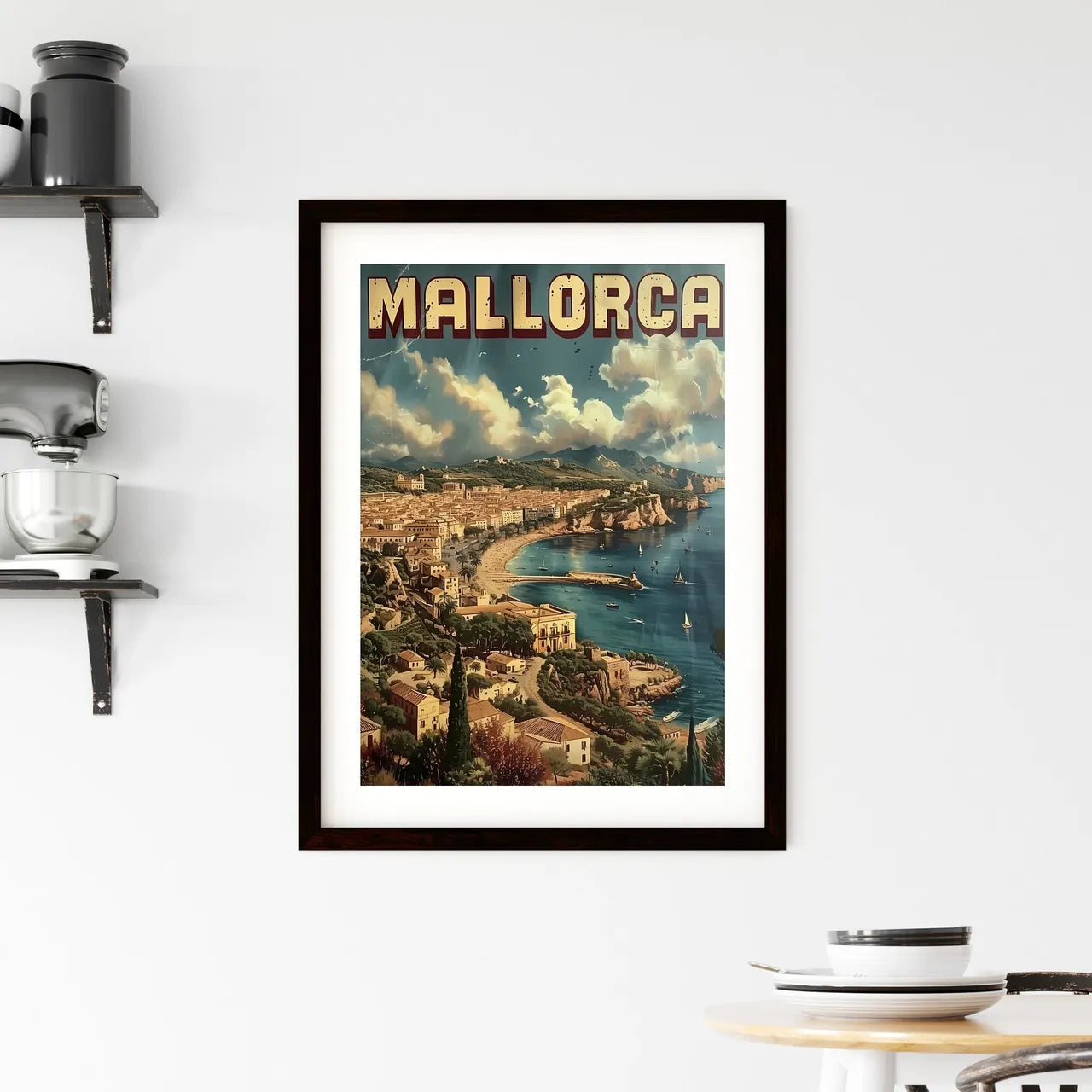 Mallorca spain poster with text MALLORCA in a beautiful matching font - Art print of a poster of a town on a rocky beach Custom Print