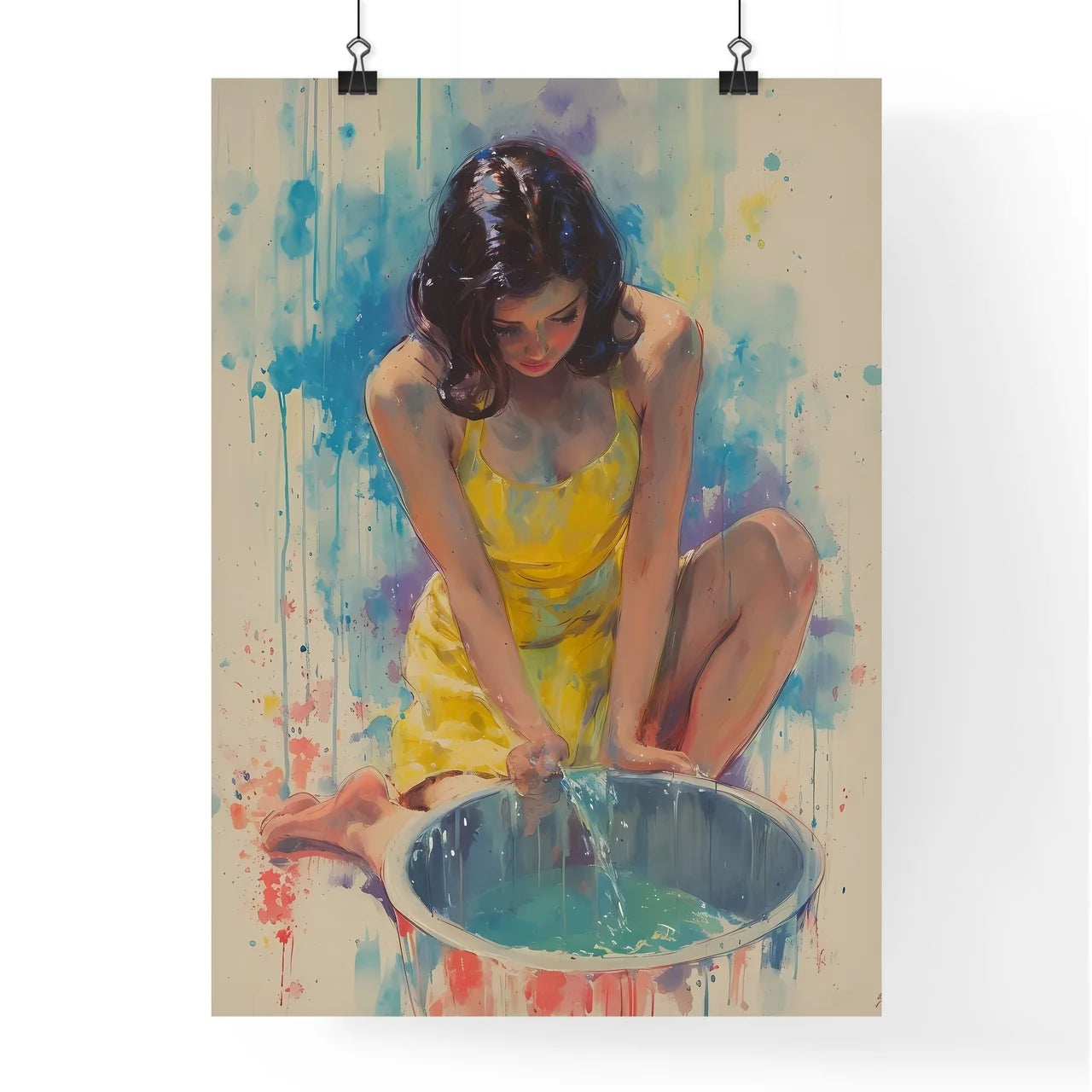 A young woman cleaning a stain off her apron Poster