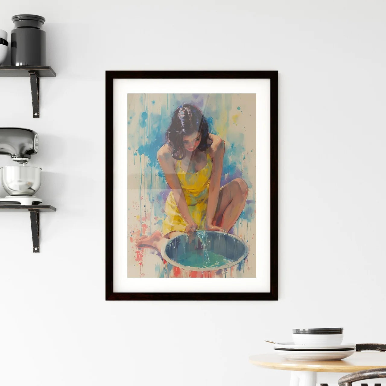 A young woman cleaning a stain off her apron Framed Print