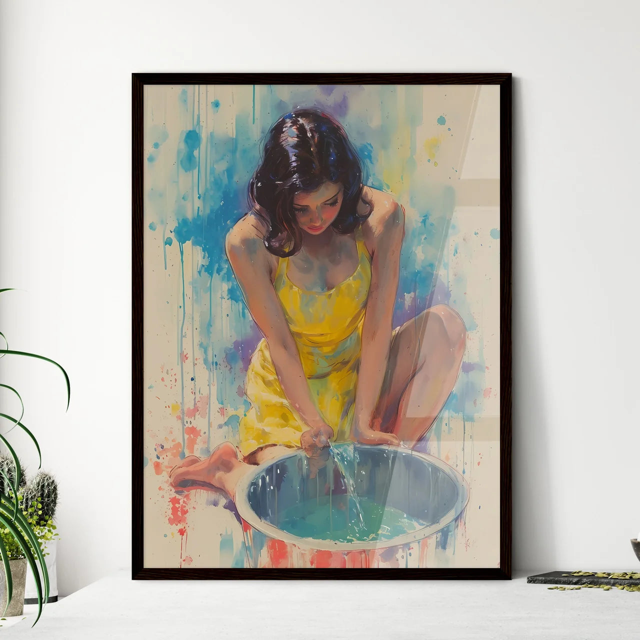A young woman cleaning a stain off her apron - Framed Art Print