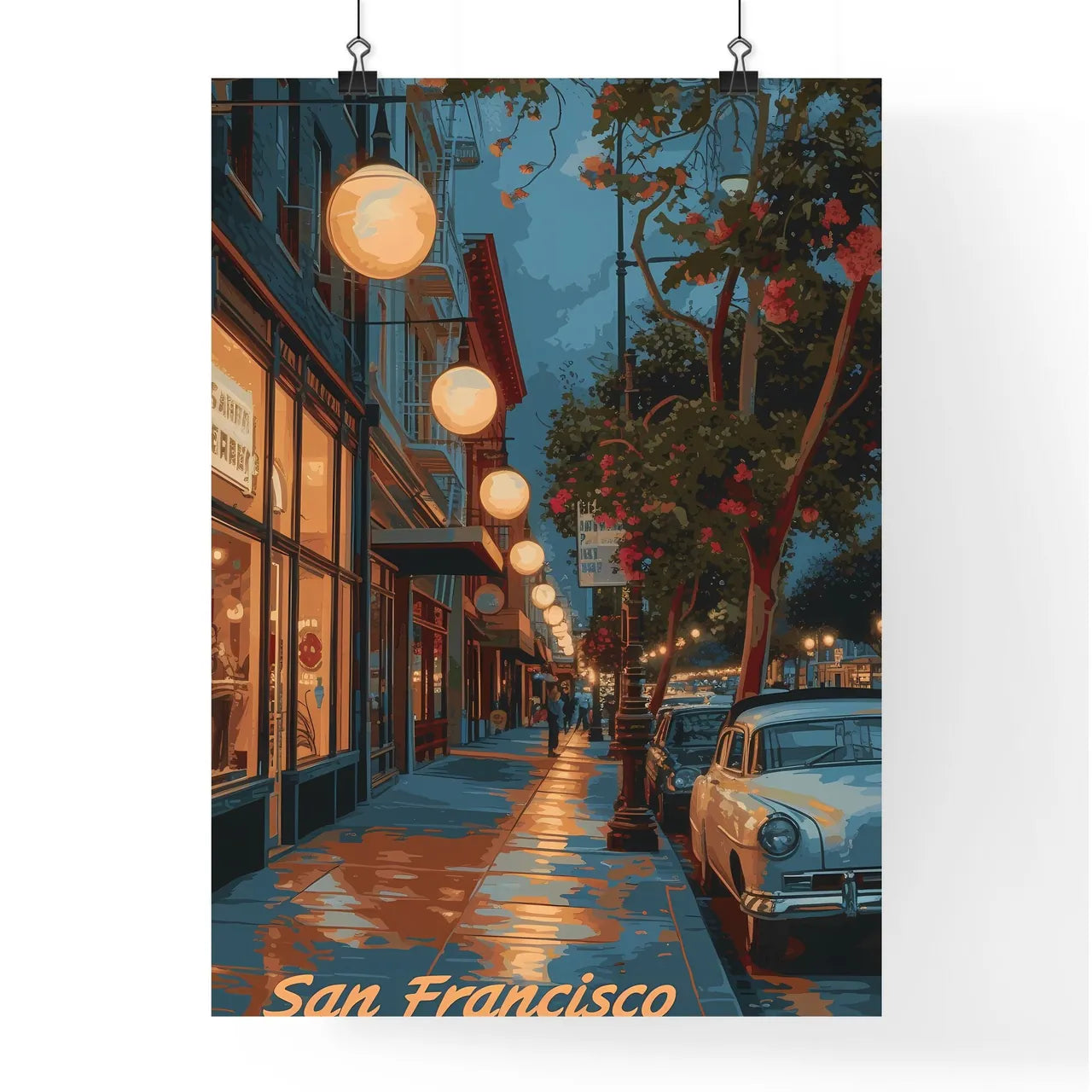 Poster of San Francisco - Art print of a street with cars and trees on the side Poster