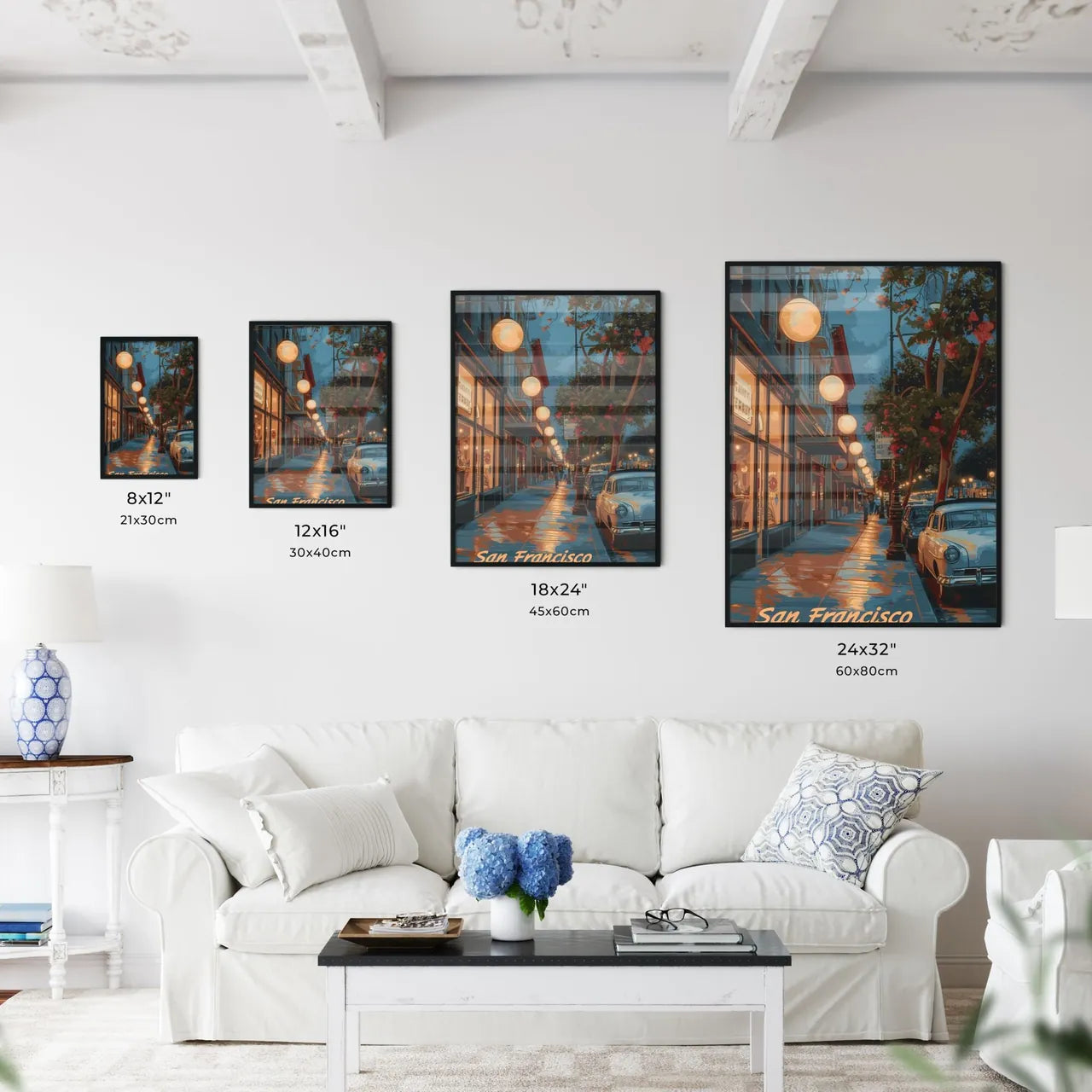 Poster of San Francisco - Art print of a street with cars and trees on the side Size Chart