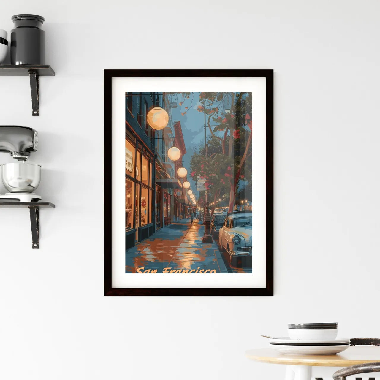 Poster of San Francisco - Art print of a street with cars and trees on the side Custom Print