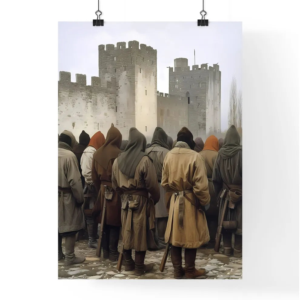The story of the children of Israel entering the heavenly city - Art print of a group of people in coats standing in front of a castle Poster