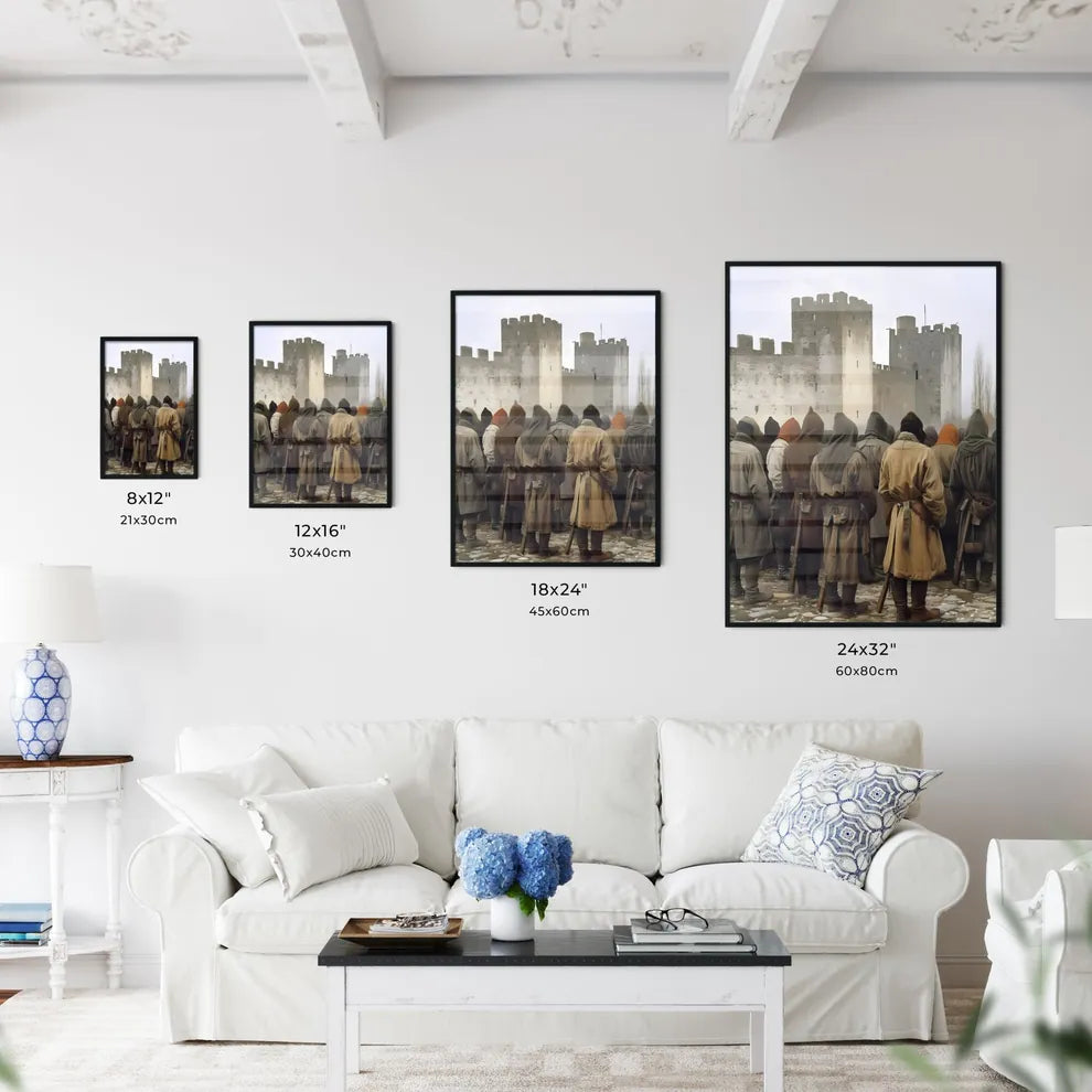 The story of the children of Israel entering the heavenly city - Art print of a group of people in coats standing in front of a castle Size Chart