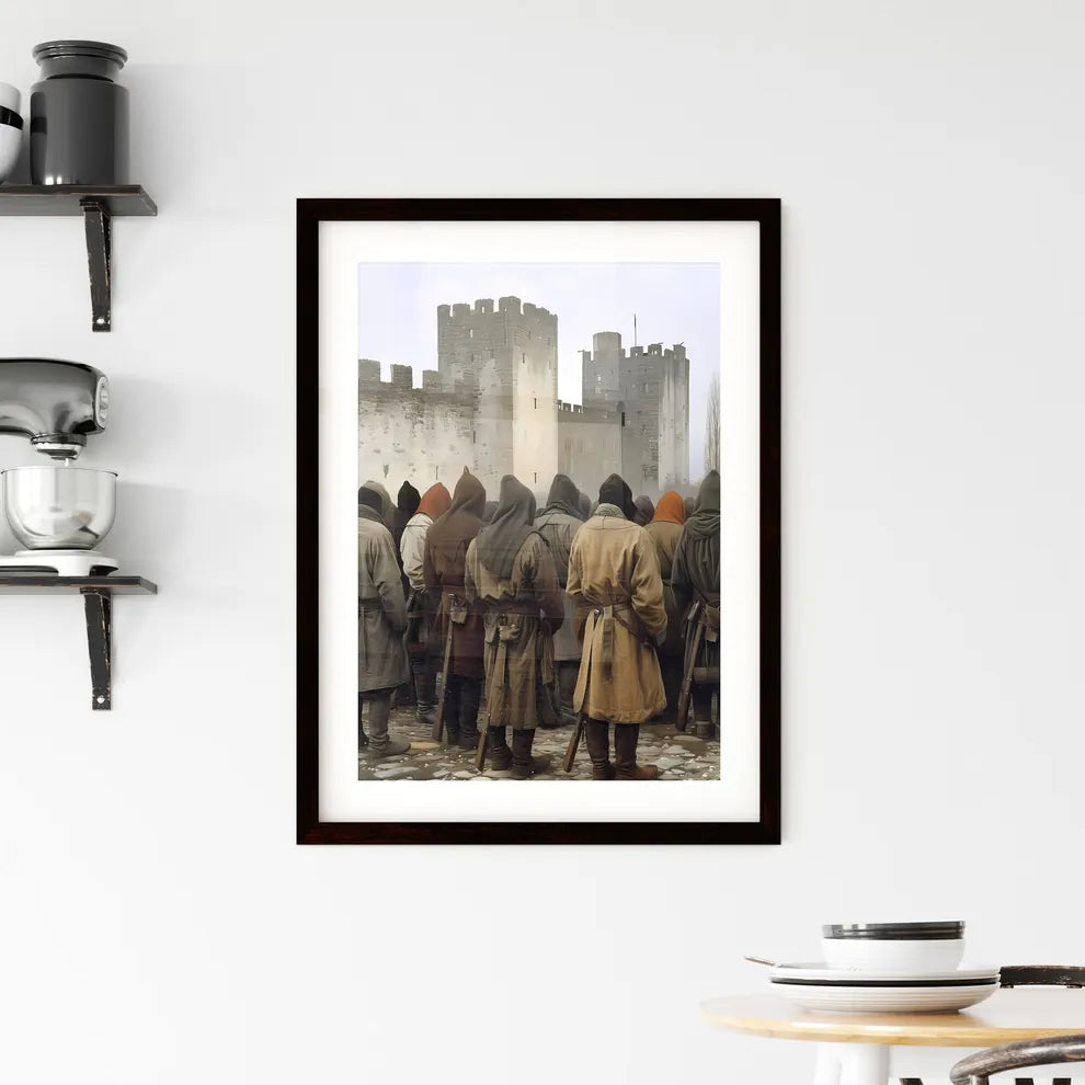 The story of the children of Israel entering the heavenly city - Art print of a group of people in coats standing in front of a castle Custom Print
