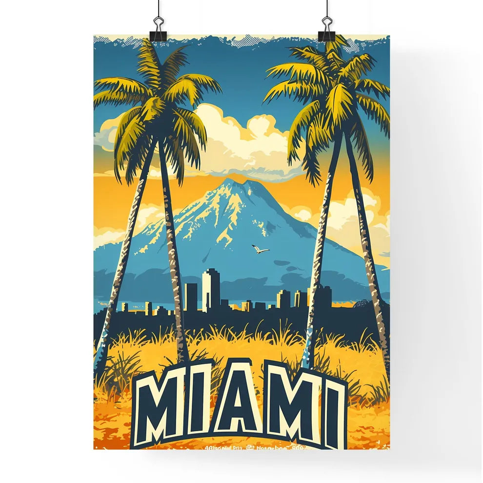 Poster with bottom text MIAMI in bold font - Art print of a poster of a city with palm trees Poster
