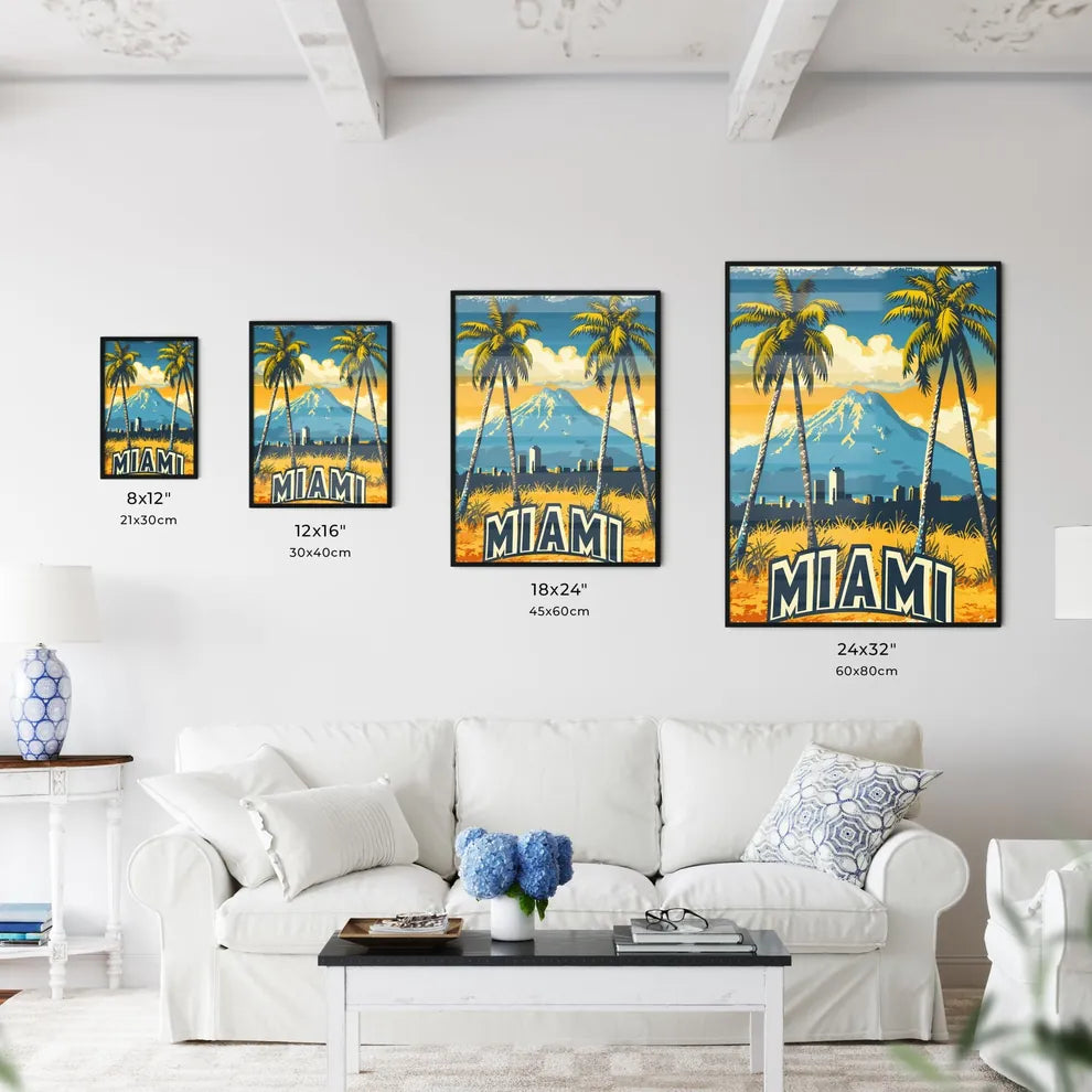 Poster with bottom text MIAMI in bold font - Art print of a poster of a city with palm trees Size Chart