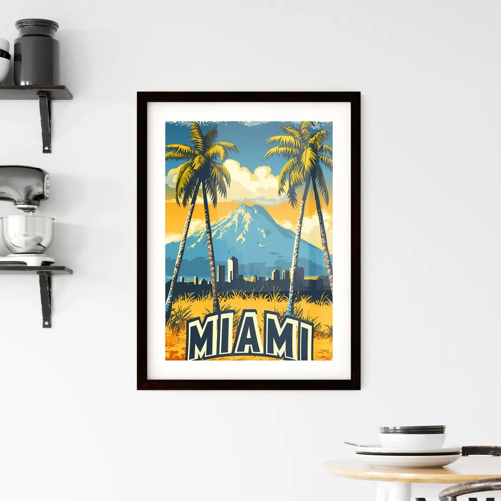 Poster with bottom text MIAMI in bold font - Art print of a poster of a city with palm trees Custom Print