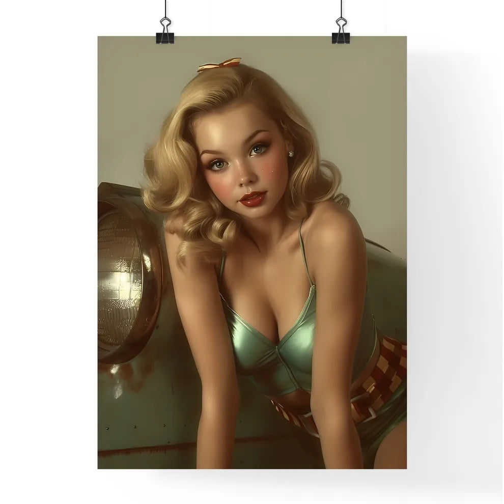 The vintage pin up girl leaning on a car - A Poster