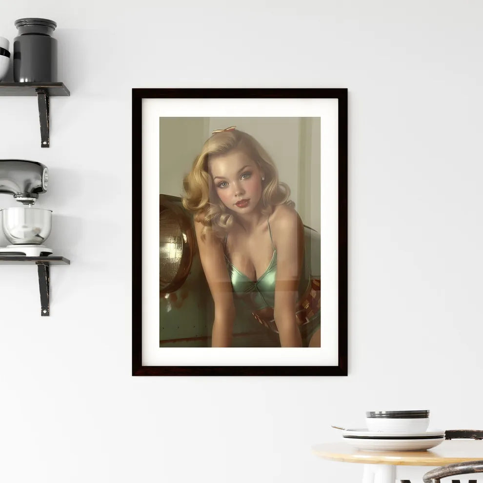 The vintage pin up girl leaning on a car - A Framed Print