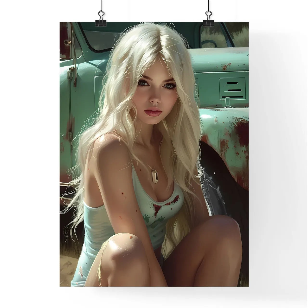 Sitting pin up factory worker girl Poster