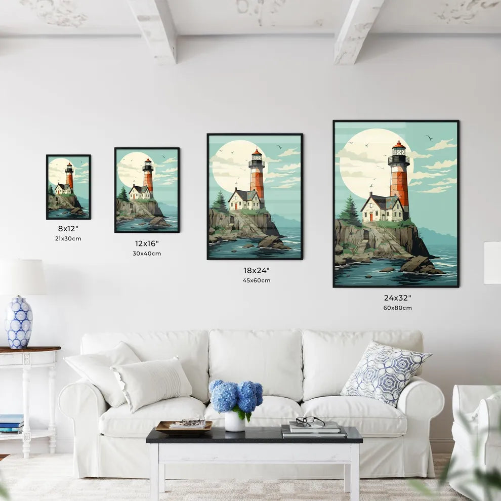 Advertising poster to announce trips for young people - Art print of a lighthouse on a rock Size Chart