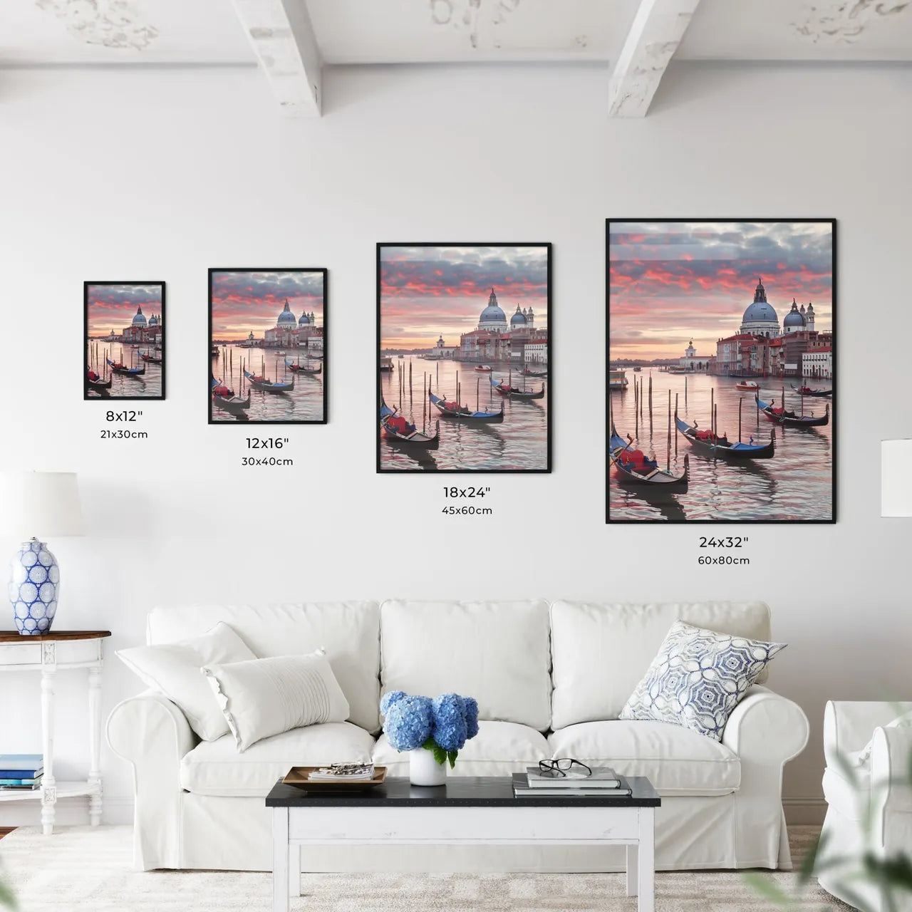 Venice Italy poster with text VENICE in cinzel font - Art print of gondolas in a canal with buildings in the background Size Chart