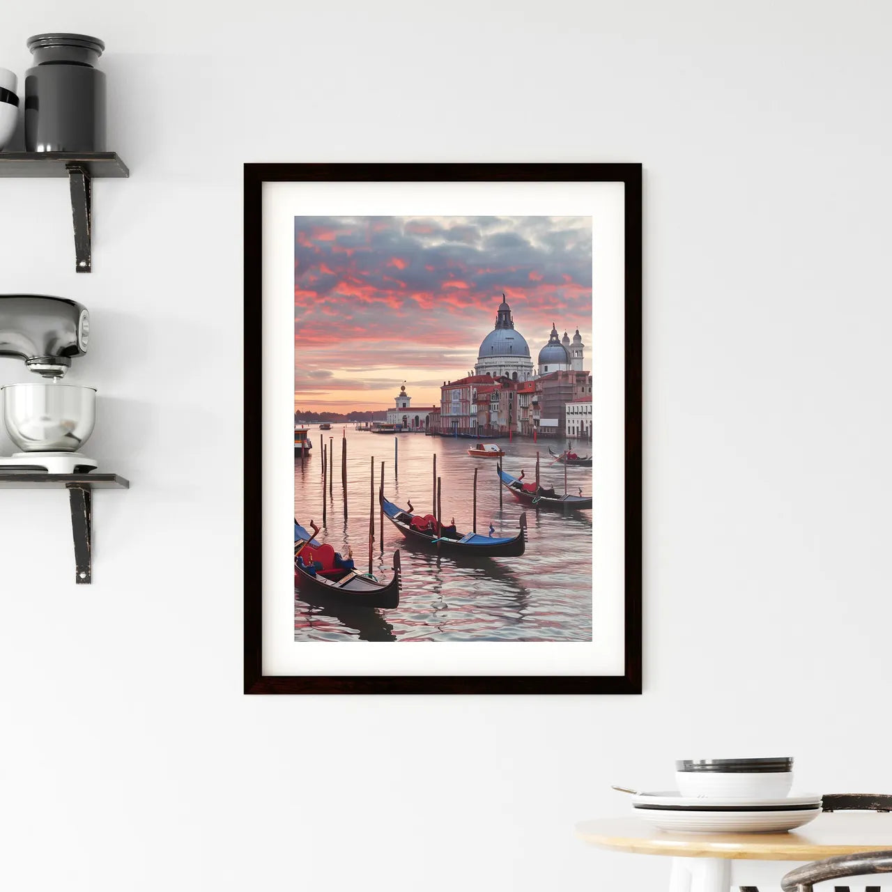 Venice Italy poster with text VENICE in cinzel font - Art print of gondolas in a canal with buildings in the background Custom Print