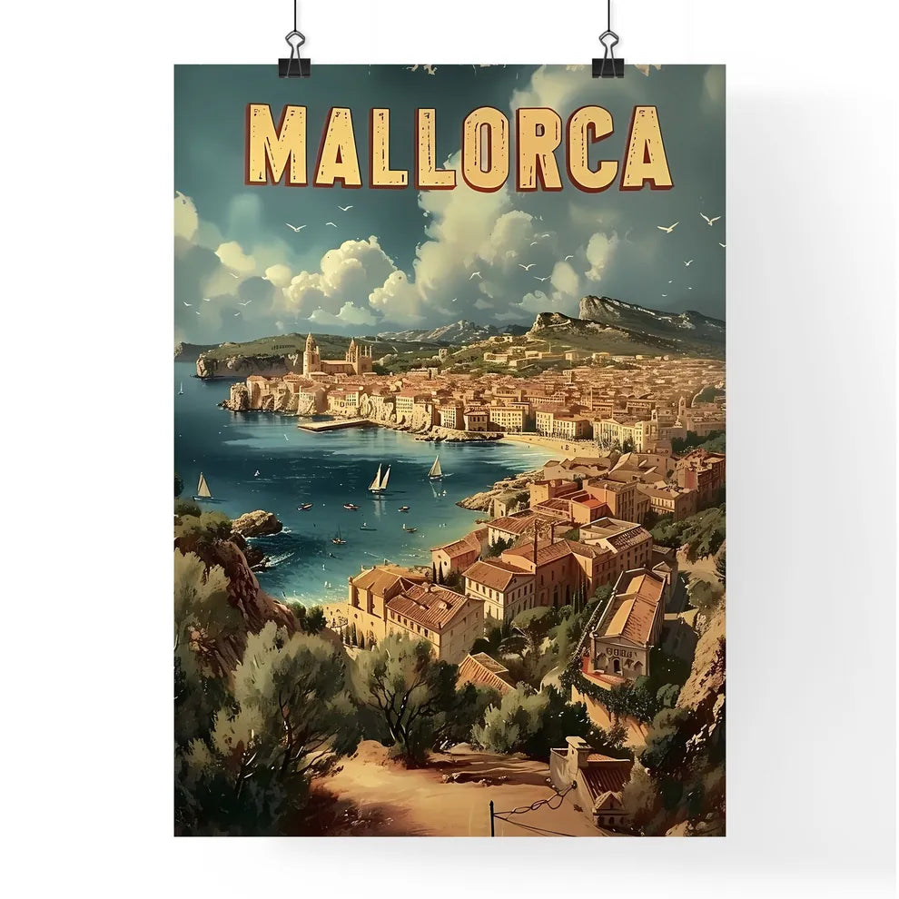 Mallorca spain poster with text MALLORCA in a beautiful matching font - Art print of a poster of a town on the water Poster