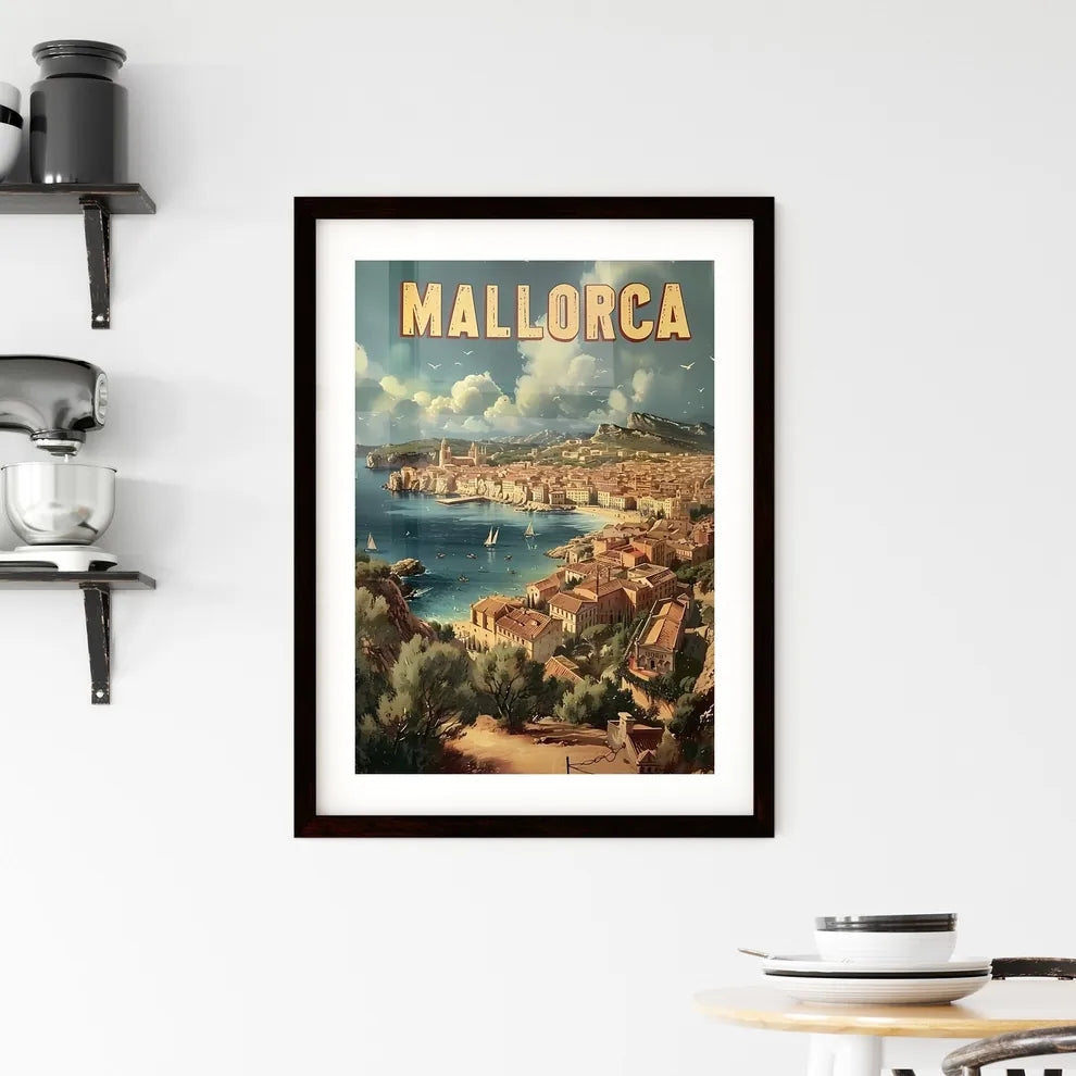 Mallorca spain poster with text MALLORCA in a beautiful matching font - Art print of a poster of a town on the water Custom Print