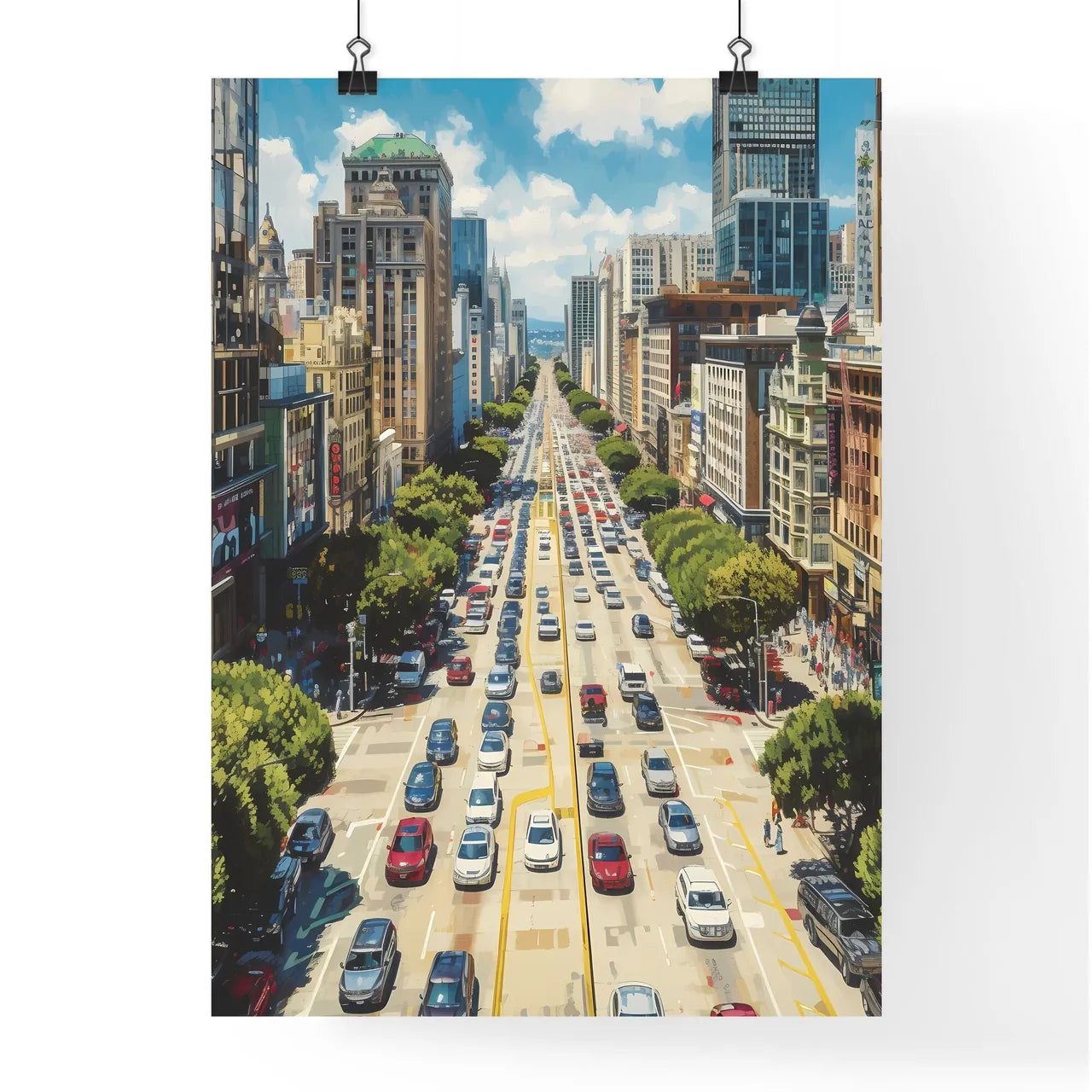 Poster of San Francisco - Art print of a city street with many cars and buildings Poster