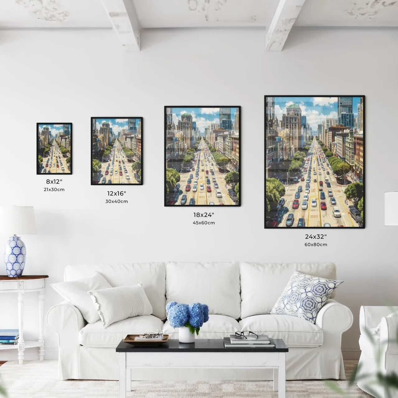 Poster of San Francisco - Art print of a city street with many cars and buildings Size Chart