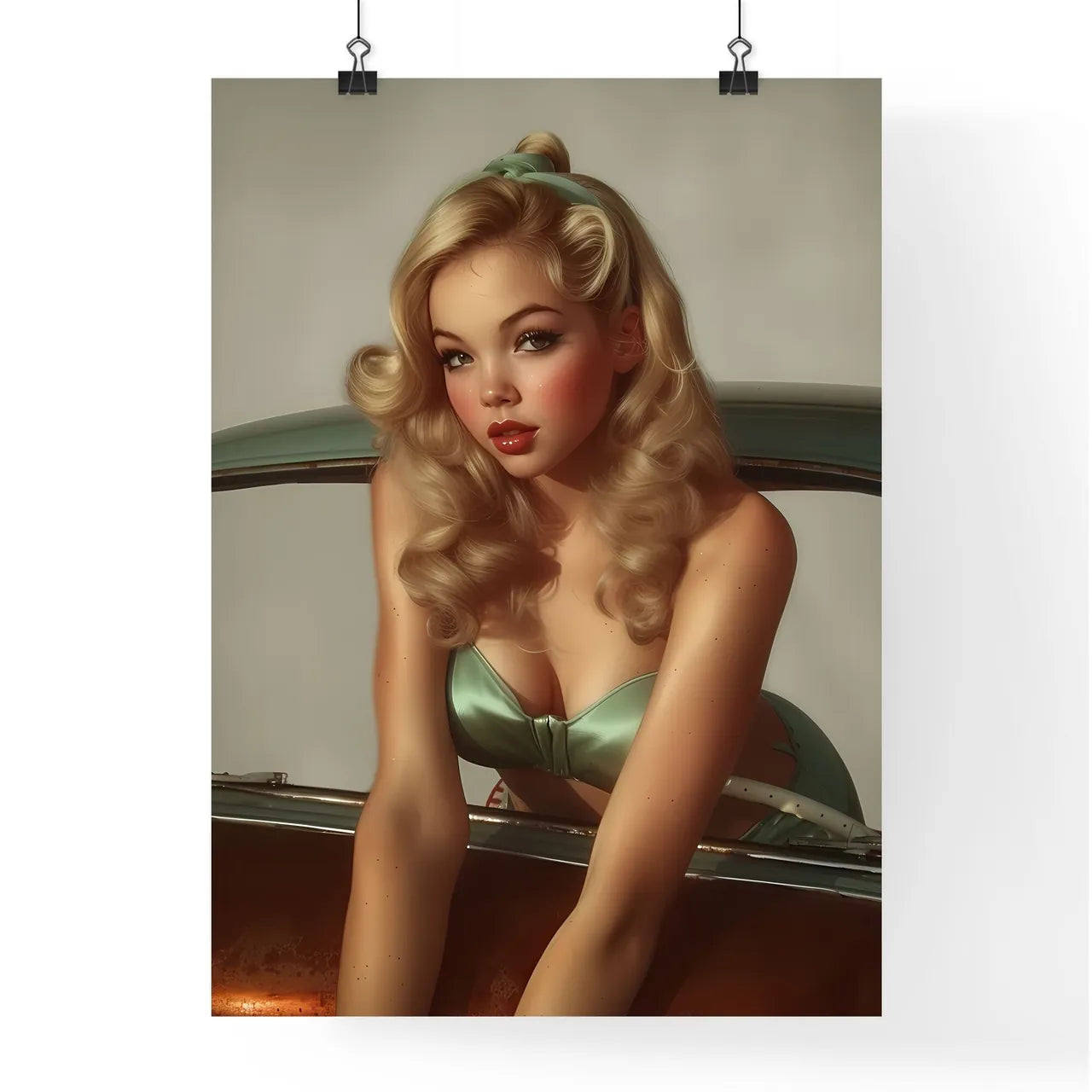 The vintage pin up girl leaning on a car - A Poster