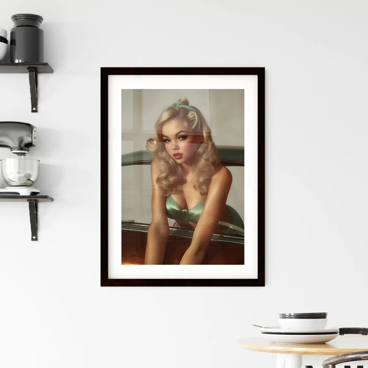 The vintage pin up girl leaning on a car - A Framed Print