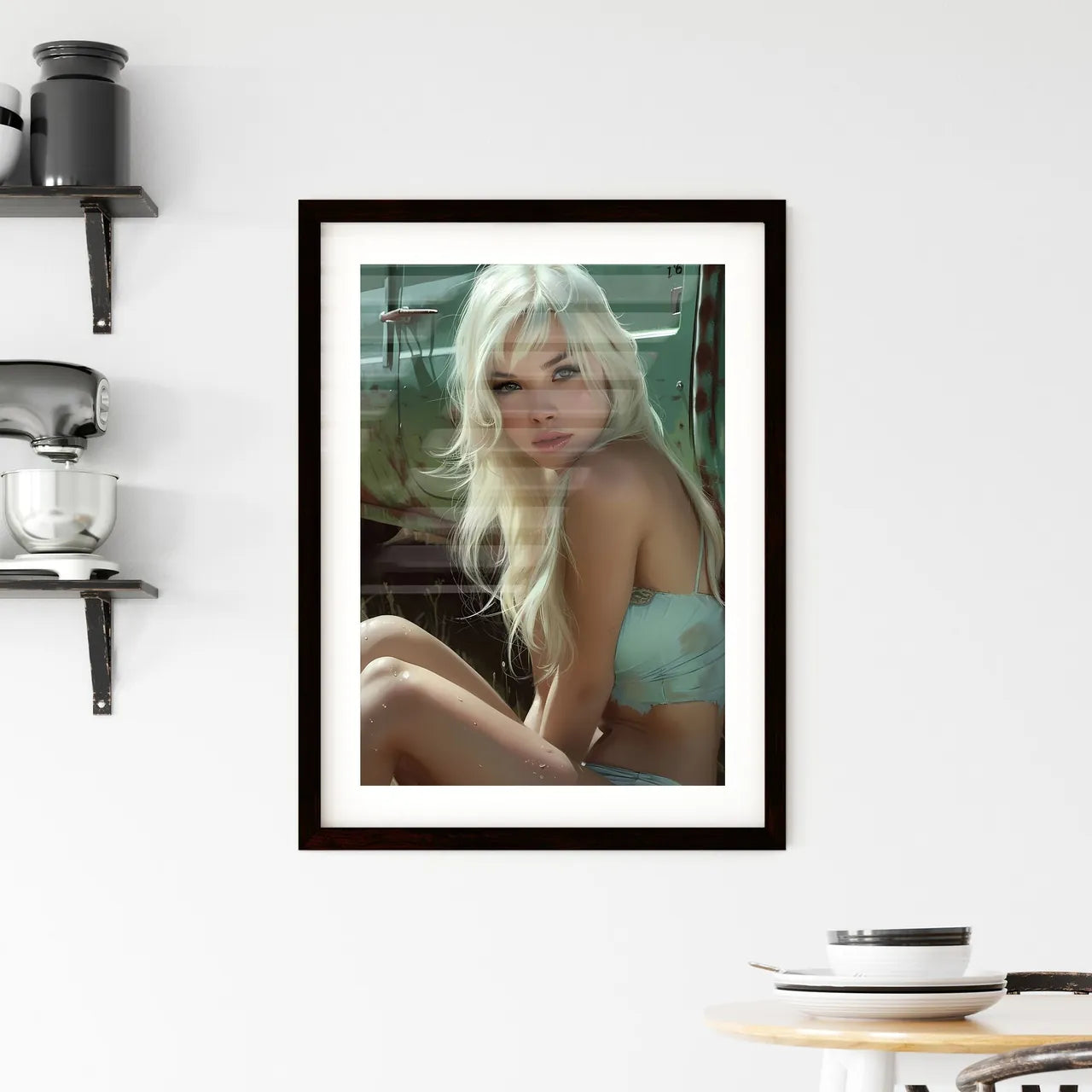 Sitting pin up factory worker girl Framed Print